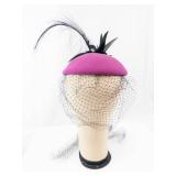 Liz Claiborne Magenta Felt Fascinator Hat with Veil & Black Feather Plume