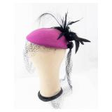 Liz Claiborne Magenta Felt Fascinator Hat with Veil & Black Feather Plume