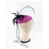 Liz Claiborne Magenta Felt Fascinator Hat with Veil & Black Feather Plume