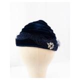 Navy Velvet Spiral Cloche Hat with Veil & Rhinestone Floral Brooch