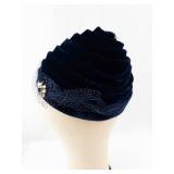 Navy Velvet Spiral Cloche Hat with Veil & Rhinestone Floral Brooch