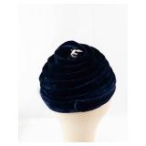 Navy Velvet Spiral Cloche Hat with Veil & Rhinestone Floral Brooch