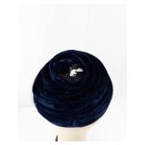Navy Velvet Spiral Cloche Hat with Veil & Rhinestone Floral Brooch