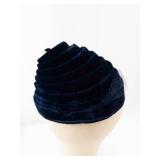 Navy Velvet Spiral Cloche Hat with Veil & Rhinestone Floral Brooch