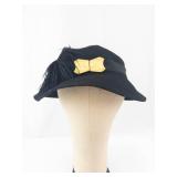 Black Felt Cloche Hat with Feather Accent & Gold Bow Clip