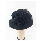 Black Felt Cloche Hat with Feather Accent & Gold Bow Clip