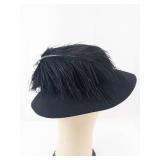 Black Felt Cloche Hat with Feather Accent & Gold Bow Clip