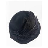 Black Felt Cloche Hat with Feather Accent & Gold Bow Clip