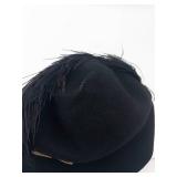 Black Felt Cloche Hat with Feather Accent & Gold Bow Clip