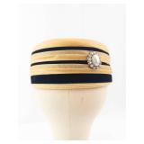 Gold Woven Cloche Hat with Black Ribbon Stripes & Pearl Rhinestone Brooch