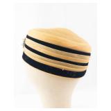 Gold Woven Cloche Hat with Black Ribbon Stripes & Pearl Rhinestone Brooch