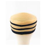 Gold Woven Cloche Hat with Black Ribbon Stripes & Pearl Rhinestone Brooch