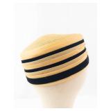 Gold Woven Cloche Hat with Black Ribbon Stripes & Pearl Rhinestone Brooch