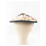 Black Floral Fascinator Hat With Cream Flowers And Green Leaves - Headpiece