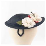 Black Floral Fascinator Hat With Cream Flowers And Green Leaves - Headpiece