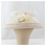 Cream Straw Hat - Wide Brim with Ribbon & Floral Accent