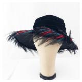 Black Velvet Top Hat with Red & Blue Feather Plume - Costume Accessory