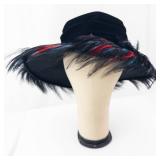 Black Velvet Top Hat with Red & Blue Feather Plume - Costume Accessory