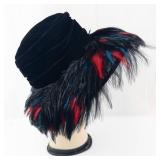Black Velvet Top Hat with Red & Blue Feather Plume - Costume Accessory