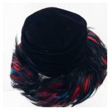 Black Velvet Top Hat with Red & Blue Feather Plume - Costume Accessory