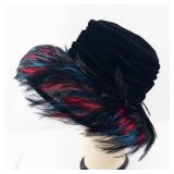 Black Velvet Top Hat with Red & Blue Feather Plume - Costume Accessory