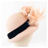 Georgette New York Blush-Pink Feathered Beige Felt Cloche Hat - Black Band