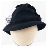 Gage Brothers Co. Black Felt Cloche Hat with Veil & Satin Rosette - NY/Chicago