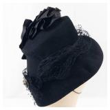 Gage Brothers Co. Black Felt Cloche Hat with Veil & Satin Rosette - NY/Chicago