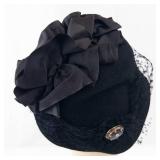 Gage Brothers Co. Black Felt Cloche Hat with Veil & Satin Rosette - NY/Chicago