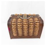 Vintage Woven Rattan Basket Case - Pink Velvet Interior & Ring Handle
