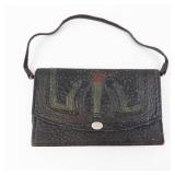 Black Textured Leather Wallet with Metal Frame - Tan Interior; Small Purse with Purple Lining