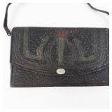 Black Textured Leather Wallet with Metal Frame - Tan Interior; Small Purse with Purple Lining