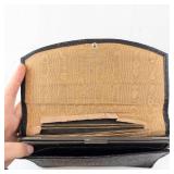 Black Textured Leather Wallet with Metal Frame - Tan Interior; Small Purse with Purple Lining