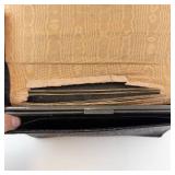 Black Textured Leather Wallet with Metal Frame - Tan Interior; Small Purse with Purple Lining