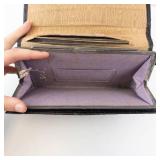 Black Textured Leather Wallet with Metal Frame - Tan Interior; Small Purse with Purple Lining