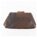 Vintage Brown Leather Frame Clutch with Orange Clasp