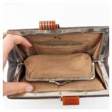 Vintage Brown Leather Frame Clutch with Orange Clasp