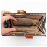 Vintage Brown Leather Frame Clutch with Orange Clasp
