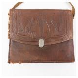 Vintage Brown Leather Handbag with Embossed Front Flap - Frame Closure
