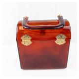 Vintage Amber Tortoiseshell Jewelry Box/Purse - Small Lidded Keepsake With Gold Hardware