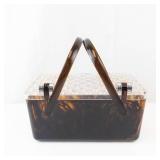 Tortoiseshell-Patterned Vanity Case with Clear Diamond-Pattern Lid and Dual Handles