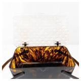 Tortoiseshell-Patterned Vanity Case with Clear Diamond-Pattern Lid and Dual Handles