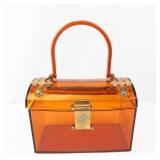 Vintage Jewelry Box/Purse - Amber Plastic with Brass Hardware & Handle