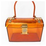 Vintage Jewelry Box/Purse - Amber Plastic with Brass Hardware & Handle