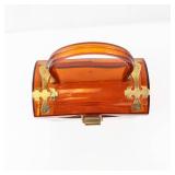 Vintage Jewelry Box/Purse - Amber Plastic with Brass Hardware & Handle