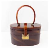 Vintage tortoiseshell-look vanity box/purse - oval case with top handle & brass hardware