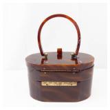 Vintage tortoiseshell-look vanity box/purse - oval case with top handle & brass hardware