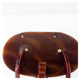 Vintage tortoiseshell-look vanity box/purse - oval case with top handle & brass hardware