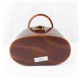Vintage tortoiseshell-look vanity box/purse - oval case with top handle & brass hardware