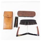 Antique Travel Set - Leather Case, 2 Folding Travel Hangers, Hat Brush, Clothing Brush